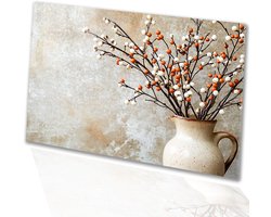 Takken in keramische vaas - Stilleven glazen schilderijen - Schilderijen takken - Minimalisme - Acrylglas - Kunst aan de muur - Glasschilderij 75x50 cm