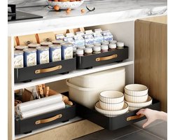 TammaT -Extra uitbreidbaar - Lade organizer - Telescopische lade - verstelbaar lade Mand - Keukenkastorganizer met handgreep - Uittrekbare laden - Opbergplanken voor keukenkasten - Uitschuifbare kastorganisator - Keuken organizer - Zwaart