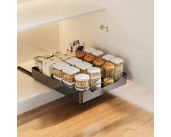 TammaT - Lade organizer - Telescopische lade - Mand - Keukenkastorganizer met handgreep - Uittrekbare laden - Opbergplanken voor keukenkasten - Uitschuifbare kastorganisator - Keuken organizer - 30x43x7cm - Zwart
