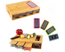 TammaT® Snijplank Hout - met opvangbakken - Bamboe snijplank - Met Rasp - Stapelbaar voorraadbakjes - keuken accessoires - Groentesnijder - Snijplank hout - BBQ