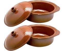 Tapas ovenschaal - Set van 2x stuks - cocotte - terracotta - 26 cm - met deksel - stoofpot - Braadpannen van steen