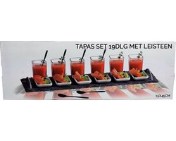Tapas Set op Leisteen Dienblad -6 x Glas-6 x schotel 6x lepel-45 cm-Amuse- Aperitief-19 delig-Sfeer