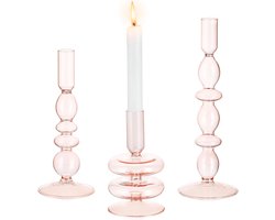 Taper Kaarshouder Set Van 3 - Roze Glazen Kandelaars - Elegante Kerst Kaarshouders - Woonkamer Decoratie - Bruiloft Feest Huisdecoratie