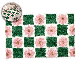 Tapijt - Cute Green Plaid Bath Mat - Pink Floral Bathroom Rugs - 50x80cm - Soft Microfiber Non-Slip - Washable Absorbent - Perfect voor Laundry Sink - Floor Decor - Kerstversiering - Feestdecoratie - Kerst