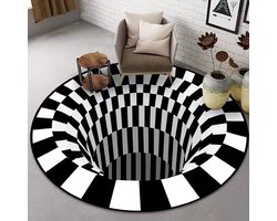 Tapijt - Vloerkleed - Polyester - 3D-effect - met Antislip Onderzijde - voor Woonkamer of Slaapkamer - Rond 80 cm - Zwart + Wit