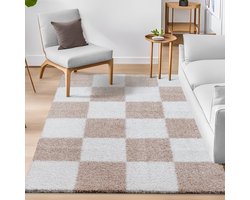 Tapijtenloods Milano Geblokt Hoogpolig Vloerkleed Modern Beige Creme