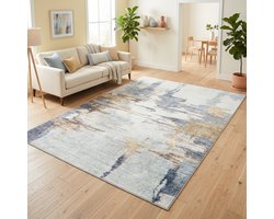 TAPISO Bari Vloerkleed Abstract Verweerd Patroon Antislip Tapijt Woonkamer Slaapkamer Grijs Crème Oranje Blauw Modern Design Oeko-Tex 200x300
