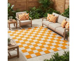 Tapiso Checker Buitenkleed Weerbestendig Buitentapijt Balkon Tuin Terras - Wasbaar UV-bestendig Slijtvast Balkontapijt Indoor Outdoor Tapijt Crème Oranje 80x150