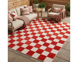 Tapiso Checker Buitenkleed Weerbestendig Buitentapijt Balkon Tuin Terras - Wasbaar UV-bestendig Slijtvast Balkontapijt Indoor Outdoor Tapijt Crème Rood 300x400