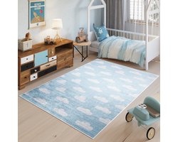 Tapiso Emma Vloerkleed Kinderkamer Kindertapijt Wolken Blauw Tapijt Maat- 80x150