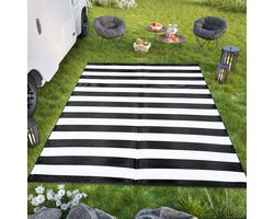 Tapiso Ibiza Buitenkleed Gestreept Zwart Wit Outdoor Buitenmat Picknick Maat- 120x180