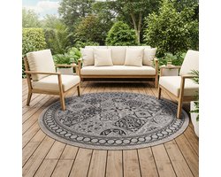 TAPISO Melissa Rond Vloerkleed Buiten & Binnen Modern Mozaïek Patroon Sisal Look Terras Balkon Keuken Tapijt Bruin Zwart Weersbestendig OEKO-TEX 200x200