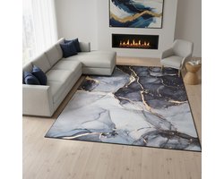 Tapiso Nora Vloerkleed Woonkamer Abstract Marmer Design Zwart-Grijs Kortpolig Antislip Vlekbestendig Tapijt Voor Slaapkamer Eetkamer Hal Woonkamerkleed Easy-Care OEKO TEX - 160x230
