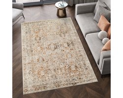 Tapiso Retro Vloerkleed Beige Bruin Vintage Woonkamer Laagpolig Tapijt Maat- 140x200