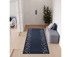 Tapiso Tapijtloper Antislip – Klassiek Geometrisch Donkerblauw – Gangloper Keukenloper Rubber Onderkant op Maat- 80x150