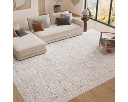 TAPISO Trend Tapijt Laagpolig - Vintage Tapijt Hoge Kwaliteit - Elegant Woonkamer Tapijt in Crème Wit met Lichtbruin - Bloemenpatroon - Easy-Care Tapijt - OEKO-TEX 160x230