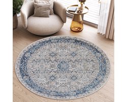 Tapiso Valley Rond Vloerkleed Blauw Laagpolig Vintage Tapijt Maat- 100x100