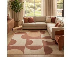 Tapiso Wisp Vloerkleed Laagpolig – Bruin Crème Tapijt – Geometrisch Retro Patroon – Woonkamertapijt Antislip – Woonkamer Slaapkamer Eetkamer 300x400