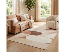 Tapiso Wisp Vloerkleed Woonkamer – Laagpolig Geometrisch Abstract Patroon – Beige Roze Bruin – Tapijt Voor Slaapkamer, Eetkamer 200x300