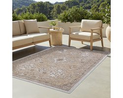 TAPISO Yucana Buitentapijt - Flatweave Vloerkleed Buiten & Binnen - Traditioneel Ornament Design Buitenkleed - Weerbestendig & UV-bestendig - Bruin Grijs 200x300
