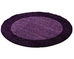TapisTrend Harig tapijt Paars-Donkerpaars 200 cm rond Hoogpolig vloerkleed met designrand, verkrijgbaar in verschillende kleuren en maten