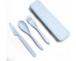 Tarwestro Camping/Outdoor Bestek Set Blauw- Meeneem Bestek Doosje- Mes- Vork- Lepel- Picknick Bestek Set- Biologische bestek Set- Tarwe Bestekset- Kinder Bestek Set