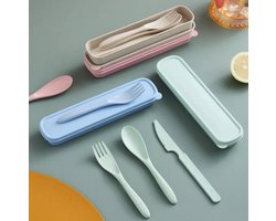 Tarwestro Camping/Outdoor Bestek Set Groen- Meeneem Bestek Doosje- Mes- Vork- Lepel- Picknick Bestek Set- Biologische bestek Set- Tarwe Bestekset- Kinder Bestek Set
