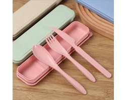 Tarwestro Camping/Outdoor Bestek Set Roze- Meeneem Bestek Doosje- Mes- Vork- Lepel- Picknick Bestek Set- Biologische bestek Set- Tarwe Bestekset- Kinder Bestek Set