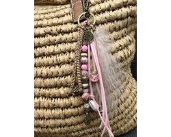 Tashanger - Cadeau- Brons - Roze - Bohemian - Tassenhanger - Sleutelhanger - Cadeautje - Schelpjes - Hanger - Ibiza - Mode - Veertje - Handje van Fatima - Buddha - Roosje