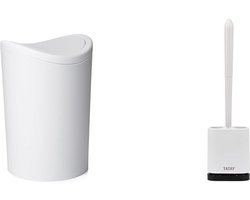 TATAY badkamerprullenbak met kanteldeksel, inhoud 6 l, wit + siliconen toiletborstel, flexibel, met snel droogfunctie, grijze borstel.