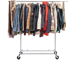 Tatkraft Duncan - Professioneel Heavy Duty Verrijdbaar Kledingrek Op Wielen - Stevig Mobiel Inklapbaar Verstelbaar Kleren Rek Op Wielen - Kledingstandaard Hangrek -  Klerenrek - In Hoogte & Breedte Verstelbaar - Kleding Rek Verchroomd RVS - 100 KG