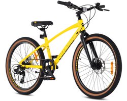 Tatra Bikes Kinderfiets 24 inch, Fiets voor Kinderen van 8 tot 12 jaar met aluminium frame, 7 derailleurversnellingen, schijfremmen, bel, voetsteun, reflectoren (Zwart Geel)