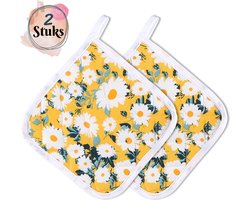 Tavas Mooi Hittebestendige Pannenlappen | 2 Stuks | Katoen, Kerstcadeau, Christmas Gift | gele met Madeliefjes