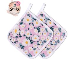 Tavas Mooi Hittebestendige Pannenlappen | 2 Stuks | Katoen, Kerstcadeau, Christmas Gift | roze met Madeliefjes