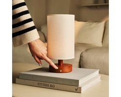 Tavellio Ben Oplaadbare Tafellamp – H30 – Hout & Linnen – Tot 100 branduren – Kastanjebruin