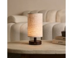 Tavellio Ben | Oplaadbare Tafellamp | Hout & Linnen| Donkerbruin | Tot 100 branduren | H30