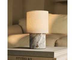 Tavellio Dou Oplaadbare Tafellamp – Bianco Statuarietto Marmer en Linnenkap – Tot 100 uur – Wit