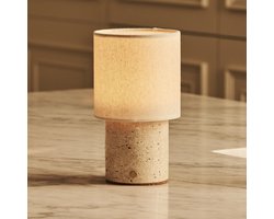 Tavellio Dou Oplaadbare Tafellamp – Travertijn en Linnenkap – Tot 100 uur – Beige