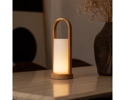 Tavellio Evie Oplaadbare Tafellamp – H35 – Hout en Glas – Tot 100 branduren – Lichtbruin