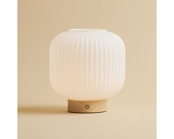 Tavellio Lyla Oplaadbare Tafellamp – Ø21 – Hout en Glas – Tot 100 branduren