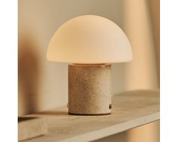 Tavellio Maris Draadloze Tafellamp – H19 – Travertijn en Glas – Tot 100 branduren – Beige