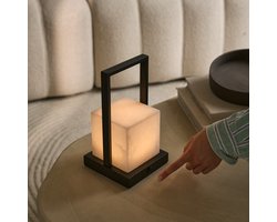 Tavellio Nola Draadloze Tafellamp – H27 – Alabster en Metaal – Tot 100 uur – Zwart