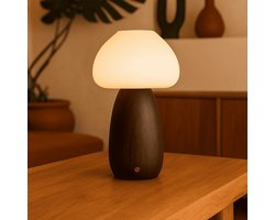 Tavellio – Oplaadbare Tafellamp Bear – Donkerbruin – Tot wel 100 branduren – Gemaakt van Hout & Glas – Dimbaar, Draadloos & USB – Touch schakelaar – Tafellamp op Accu en Batterij – Bureaulamp – Leeslamp – Tafellamp Binnen & Buiten – H28CM