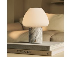 Tavellio Ostade Draadloze Tafellamp – Bianco Statuarietto Marmer en Glas – Tot 100 uur – H24 – Wit