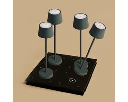 Tavellio Professional – Set van 4 Oplaadbare Tafellampen & Draadloos Oplaadstation – Vondel Steen Grijs (4x) – Tot 60 Branduren - Draadloos Opladen – USB-C & Qi-Technologie – IP54 – Voor Horeca, Terras & Interieur