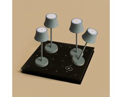 Tavellio Professional – Set van 4 Oplaadbare Tafellampen & Wireless Charging Station – (4x) De Pijp Muis Grijs & Draadloos oplaadstation Amstel – Tot 60 Branduren - Draadloos Opladen – USB-C & Qi-Technologie – Voor Horeca, Terras & Interieur