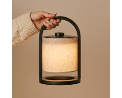 Tavellio River Oplaadbare Tafellamp – H27 – Hout en Linnen – Tot 100 uur – Zwart en Grijs