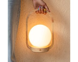 Tavellio Skye Oplaadbare Tafellamp – H27 – Hout en Glas – Tot 80 branduren – Lichtbruin