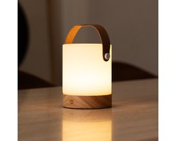 Tavellio – Tafellamp Avery Lichtbruin – 100% Hout & Lederband – Dimbaar, Draadloos & USB – Oplaadbare Tafellamp – Tafellamp op Accu en Batterij – Kampeerlamp – Leeslamp – Nachtlamp – Tafellamp Binnen en Buiten – 21CM – Tot 100 branduren