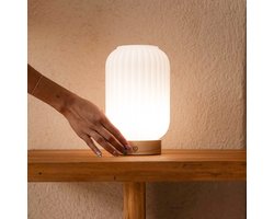 Tavellio – Tafellamp Lilly – Oplaadbare Tafellamp – Handgemaakt – 100% Hout & glas – Dimbaar, Draadloos & USB – Touch schakelaar – Tafellamp op Accu en Batterij – Bureaulamp – Leeslamp – Nachtlampje – Binnen en Buiten – 23CM - Tot 100 branduren